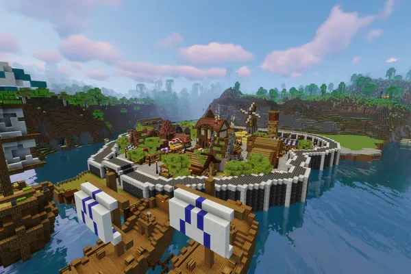 Портовый город в Minecraft на берегу реки за кольцевой каменной стеной, на переднем плане — корабли у причала