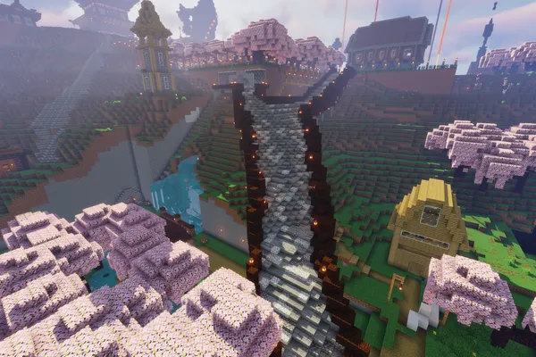 Каменная лестница на гору в Minecraft с деревянными перилами и фонарями