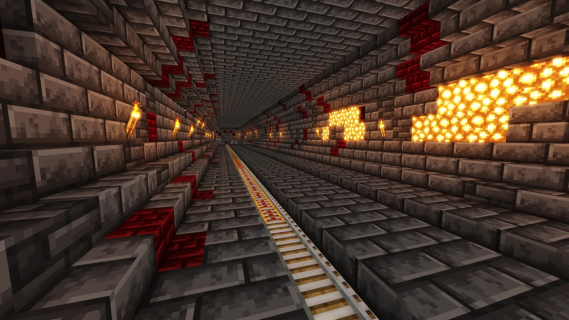 Оформленный тоннель подземки в Minecraft с арочным сводом и световыми панелями