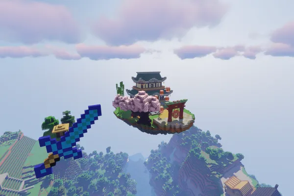Парящий остров с японским храмом и площадкой для поединков, вокруг сакура